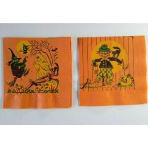 Vintage Halloween Crepe Napkins Witch Ghost Scarecrow Owl Black Cat Lot Of 2
